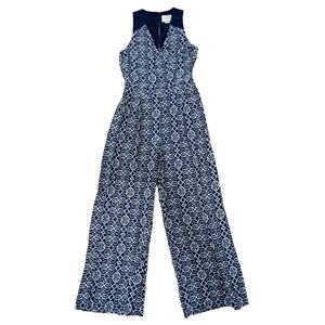 Elvenses (Anthropologie) Blue White Sleeveless Wide Leg Crepe Geometric Jumpsuit